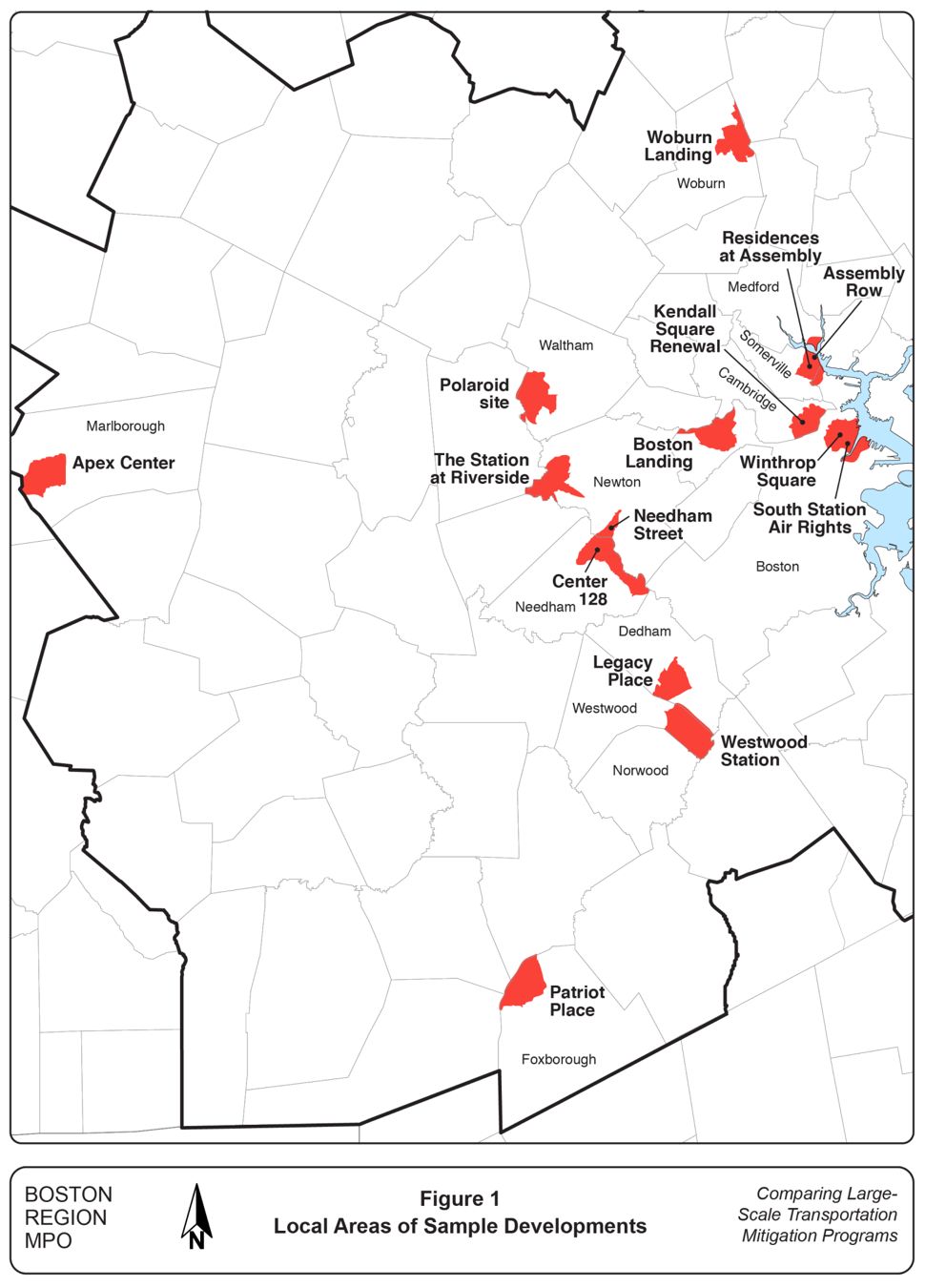 FIGURE 1.
Local Areas of Sample Developments
This figure is a map of a portion of the Boston MPO region. The 12 municipalities in which the 16 sample developments are located are labeled. The traffic analysis zones that comprise the local areas of the developments are shaded in red.
